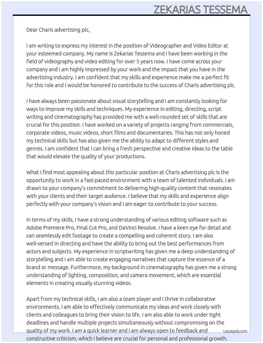 Cover letter for videographer and video editor - LazyApply