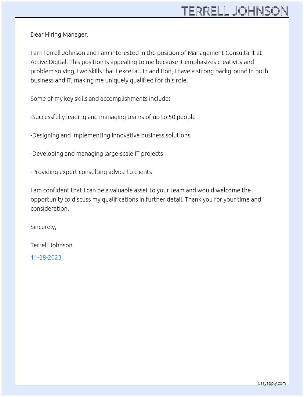 Management Consultant At Active Digital Cover Letter