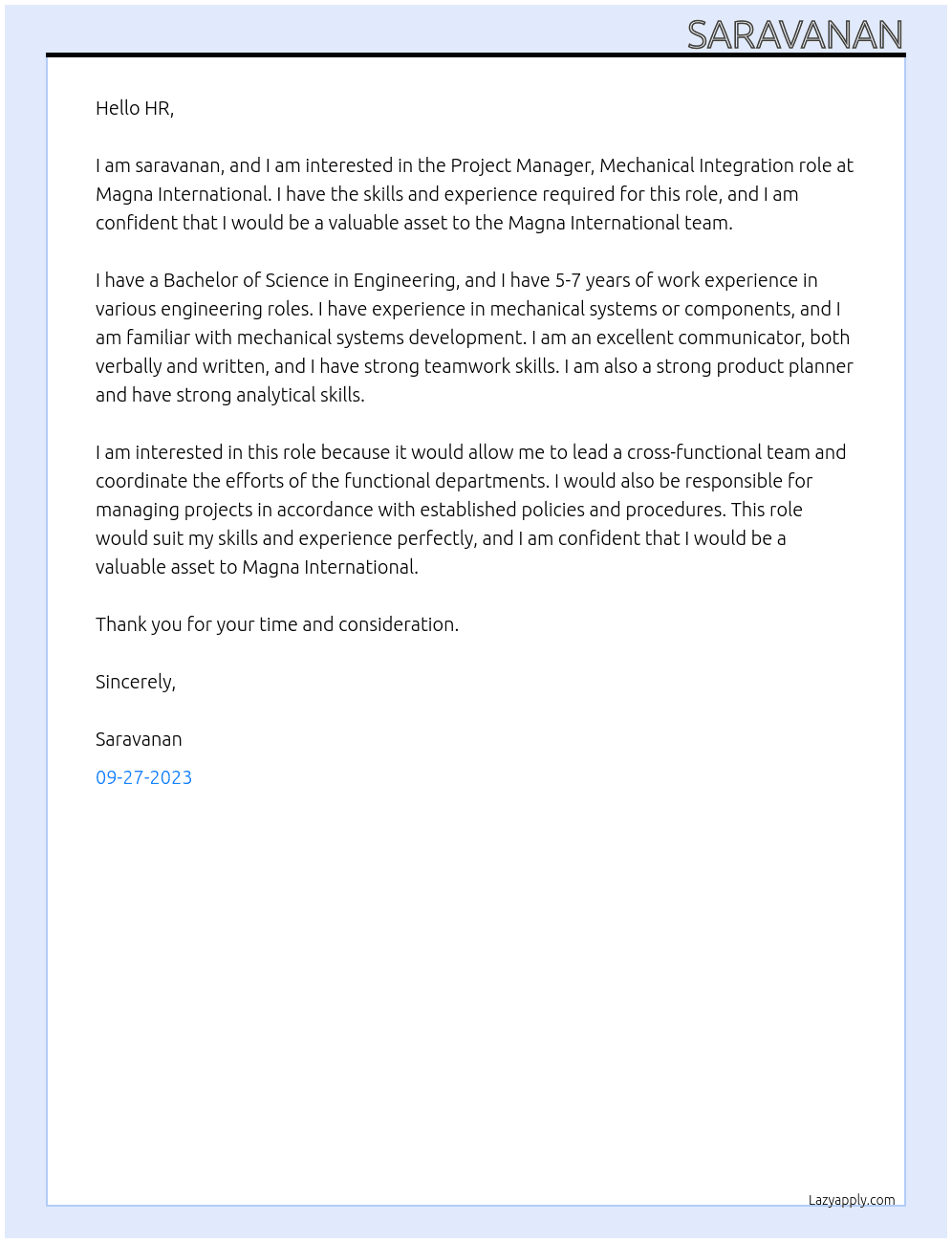 Project Manager, Mechanical Integration At Magna International  Cover Letter
