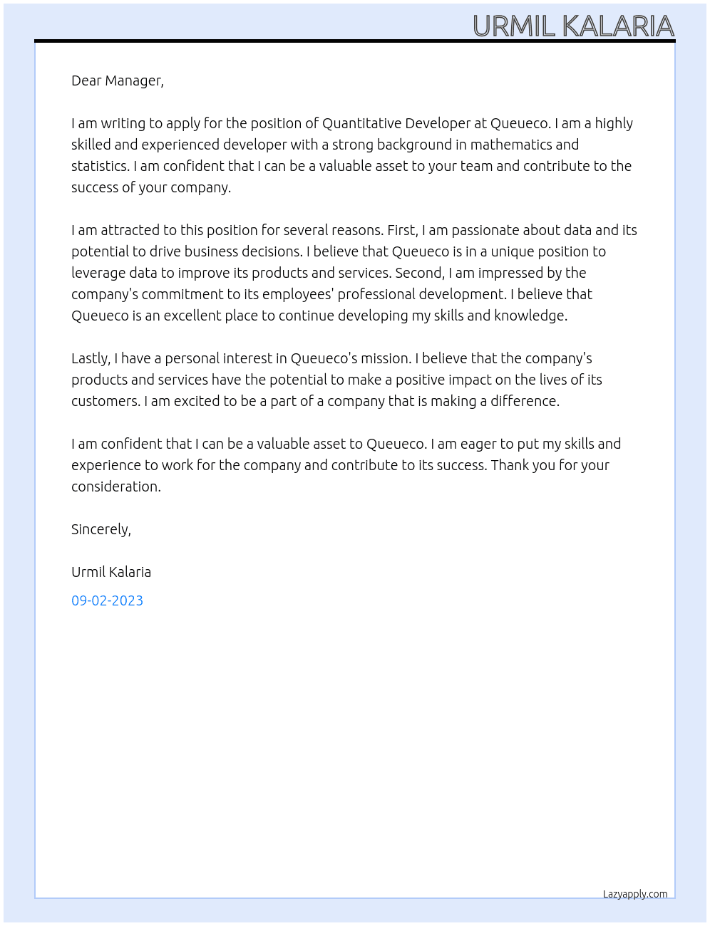 Quantitative Developer At Queueco Cover Letter