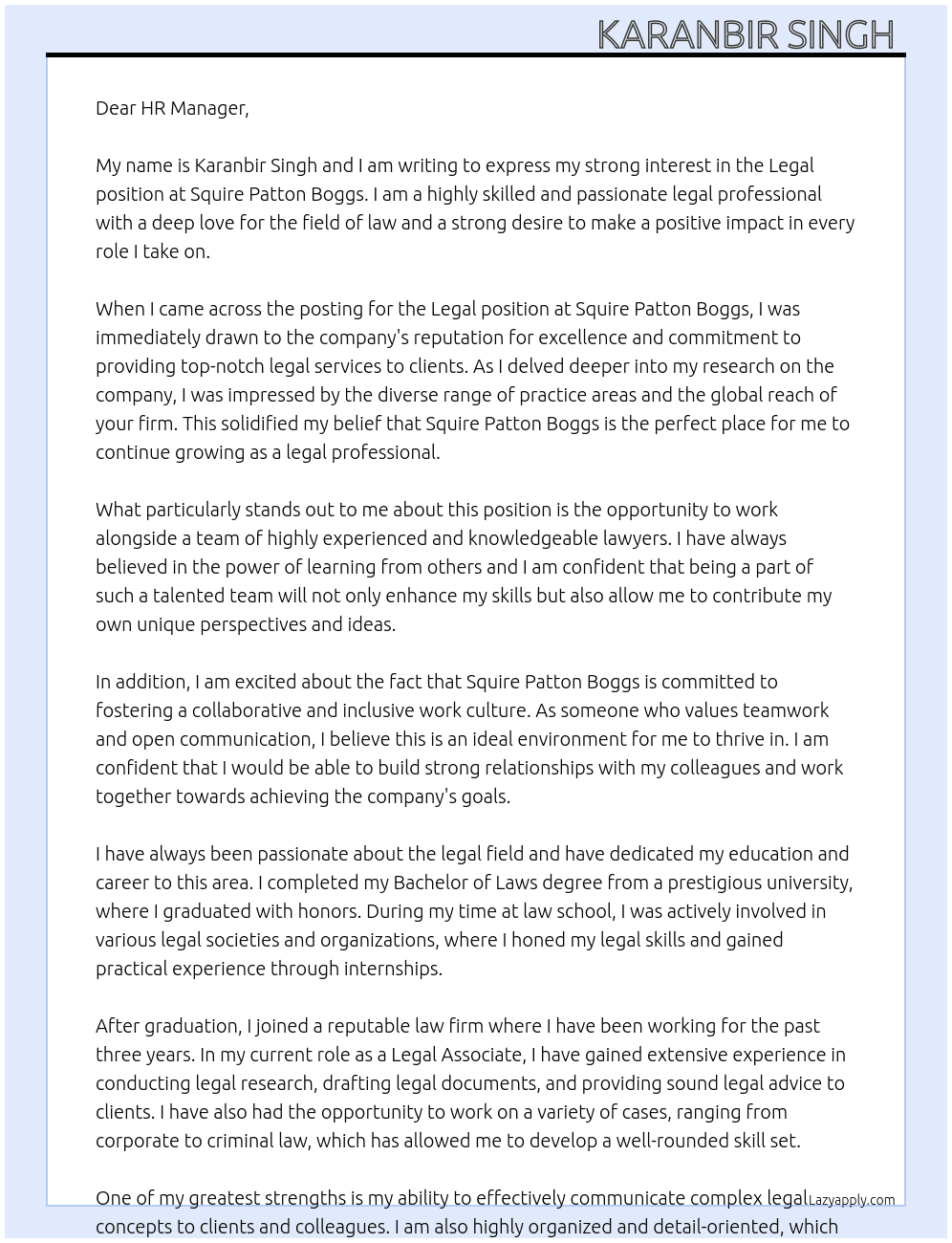 Legal  At Squire potton boggs Cover Letter