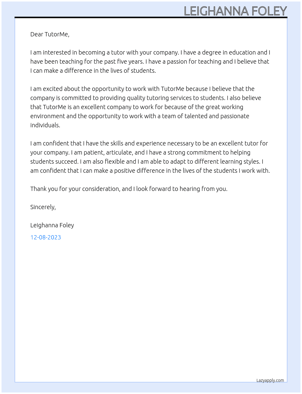 Tutor At TutorMe Cover Letter