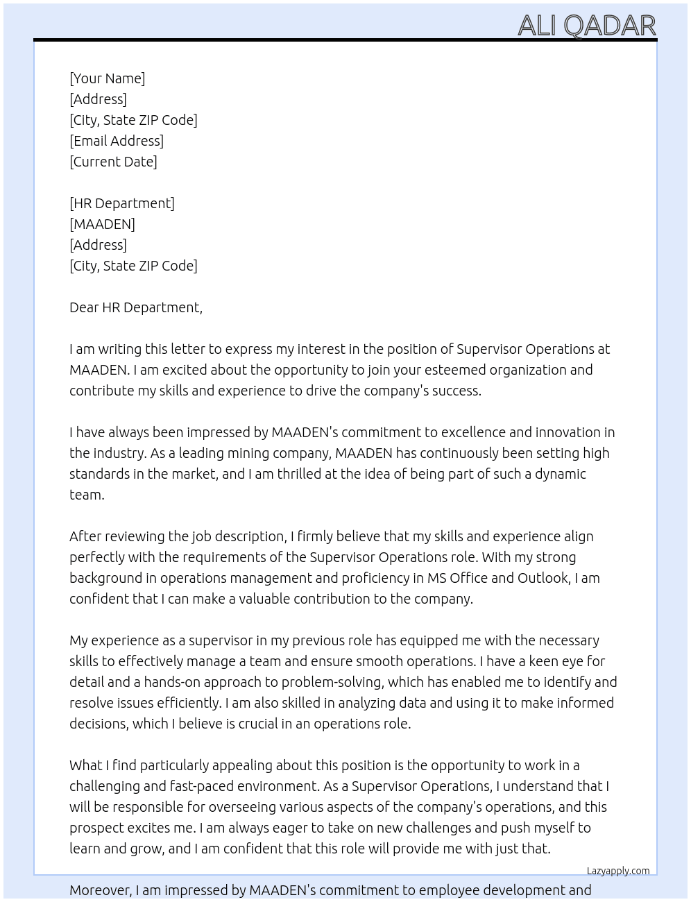 Supervisor Operations  At MAADEN Cover Letter