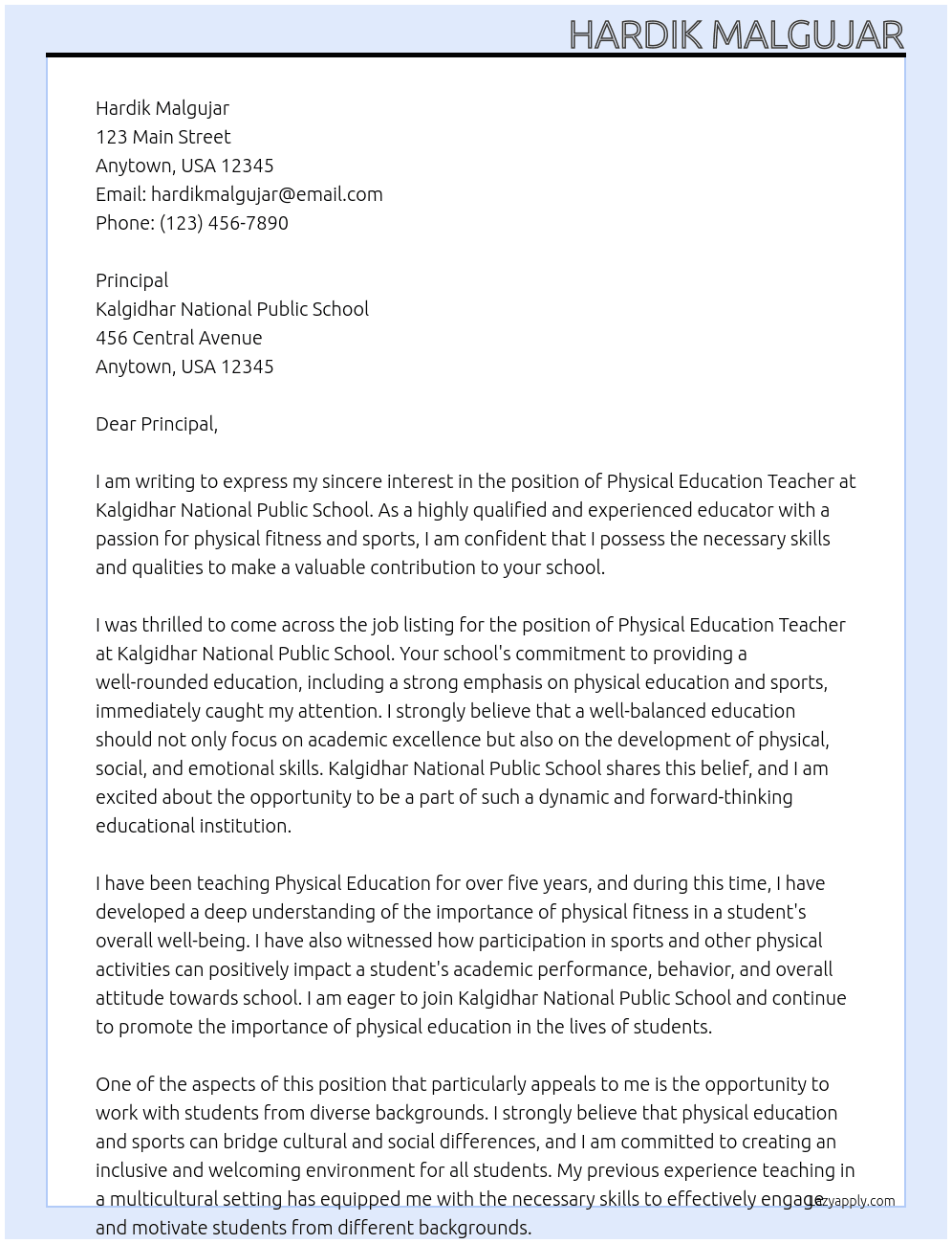 physical Education teacher  At Kalgidhar National public school  Cover Letter