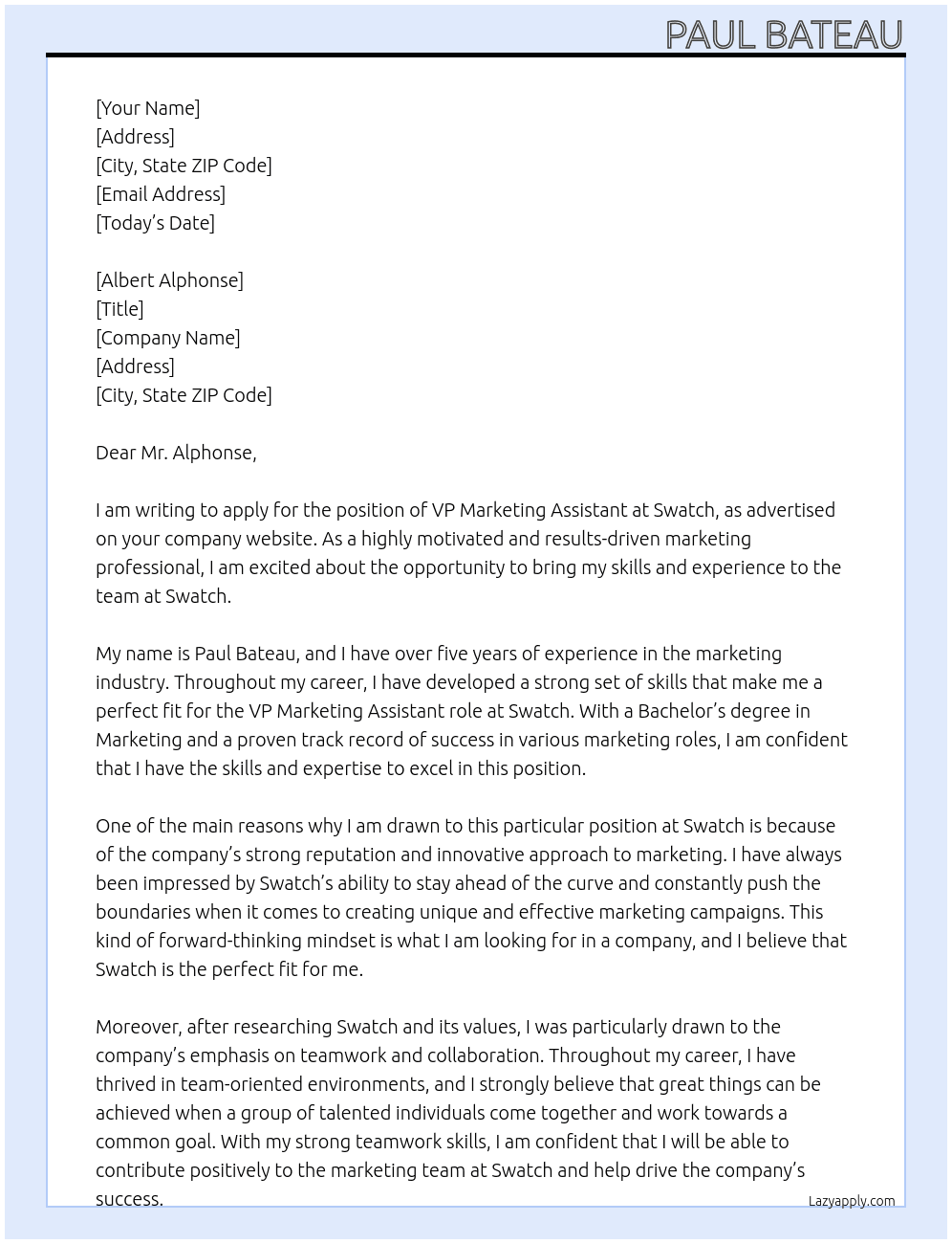 VP MARKETING ASSISTANT At Swatch Cover Letter