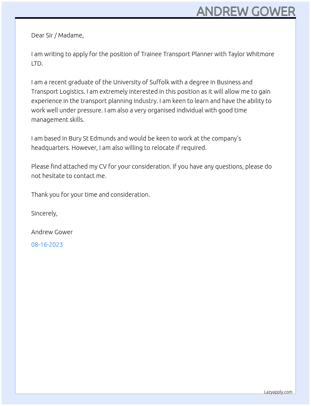 Trainee Transport Planner At Taylor Whitmore LTD Cover Letter