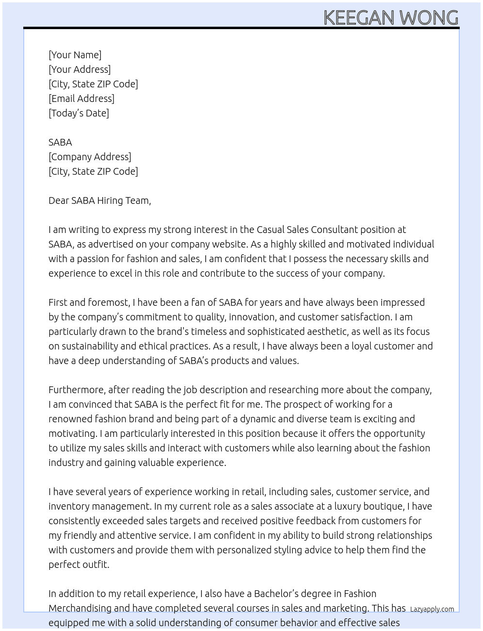 Casual Sales Consultant At SABA Cover Letter