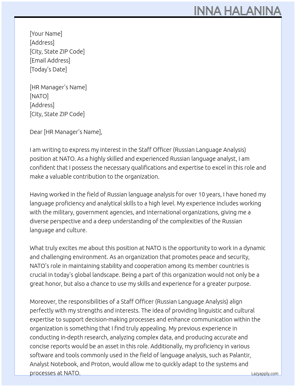 Staff Officer (Russian Language Analys At Nato Cover Letter