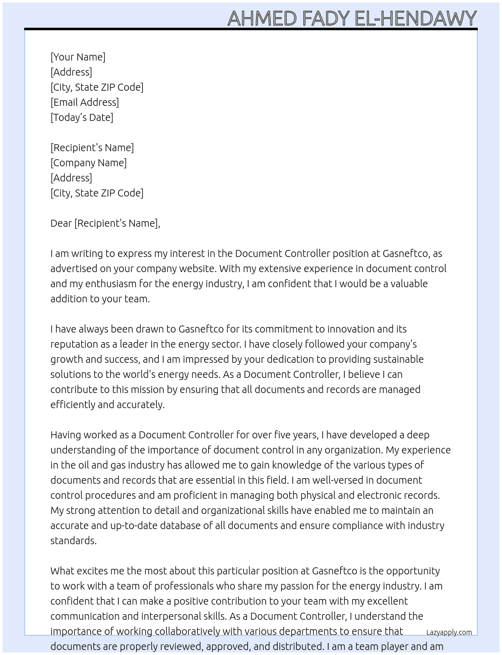 Document controller  At Gasneftco Cover Letter