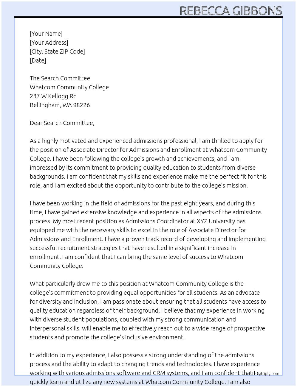 Associate Director for Admissions and Enrollment At Whatcom Community College Cover Letter