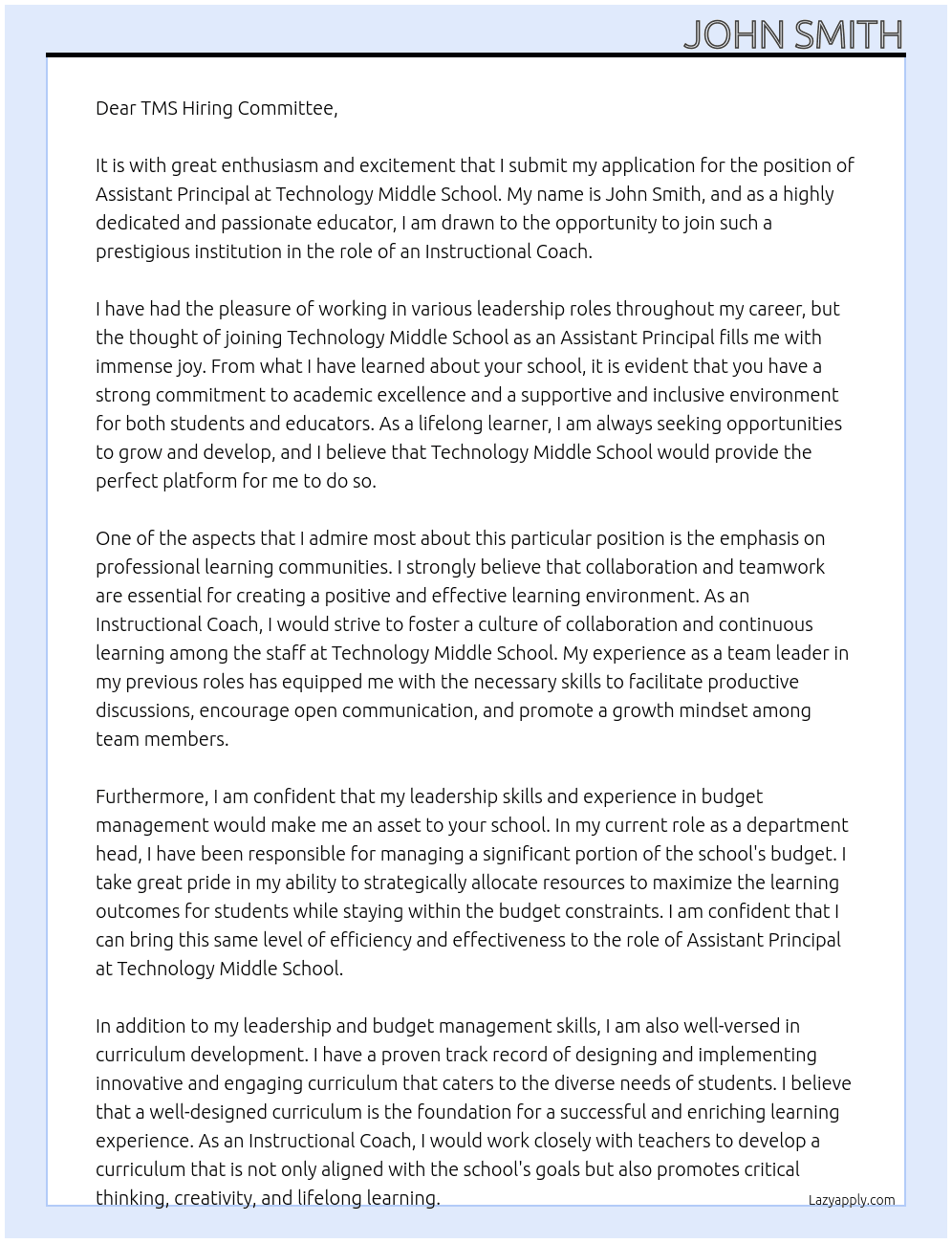 Assistant Principal At Technology MIddle School Cover Letter