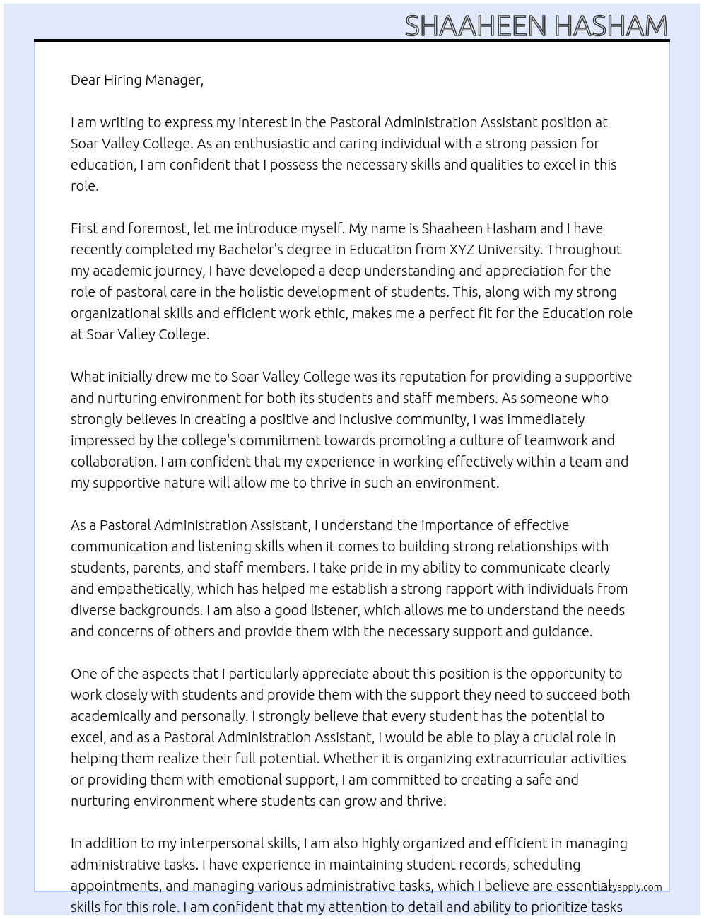 Pastoral Administration Assistant At Soar Valley College Cover Letter