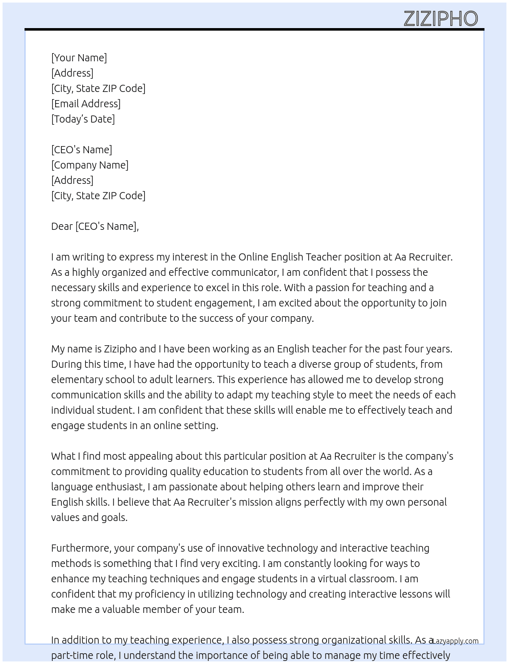Online English Teacher  At Aa recruiter  Cover Letter