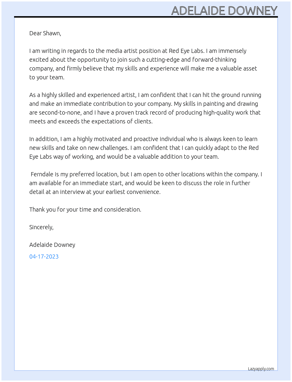 media artist At Red Eye Labs Cover Letter