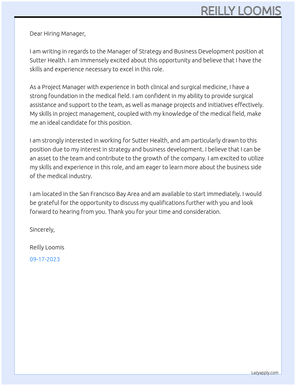 Manager of Strategy and Business Development At Sutter Health Cover Letter