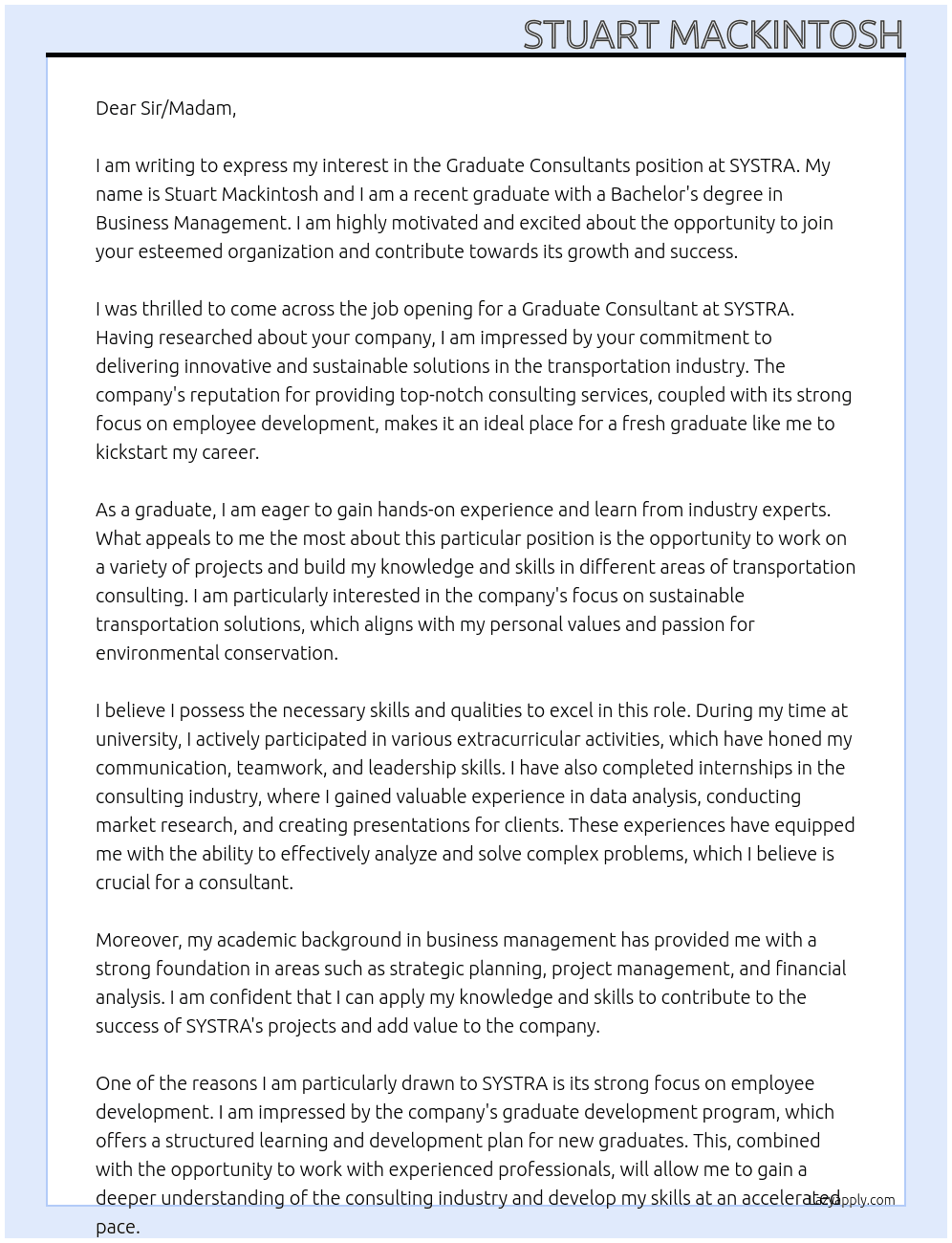 Graduate Consultants At SYSTRA Cover Letter