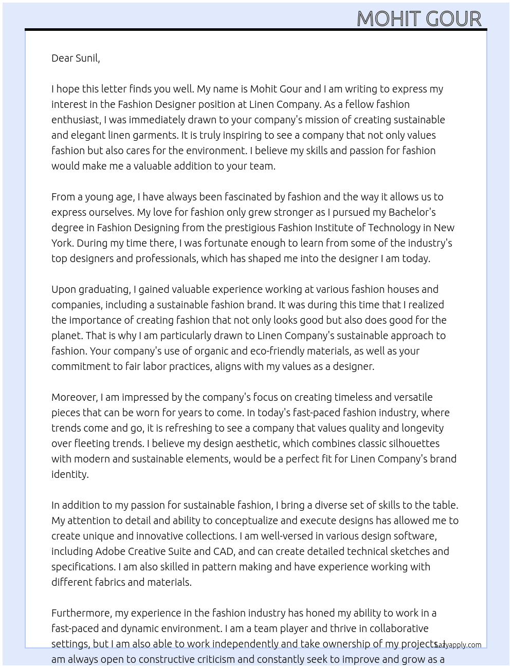 Fashion designer  At Linen company  Cover Letter