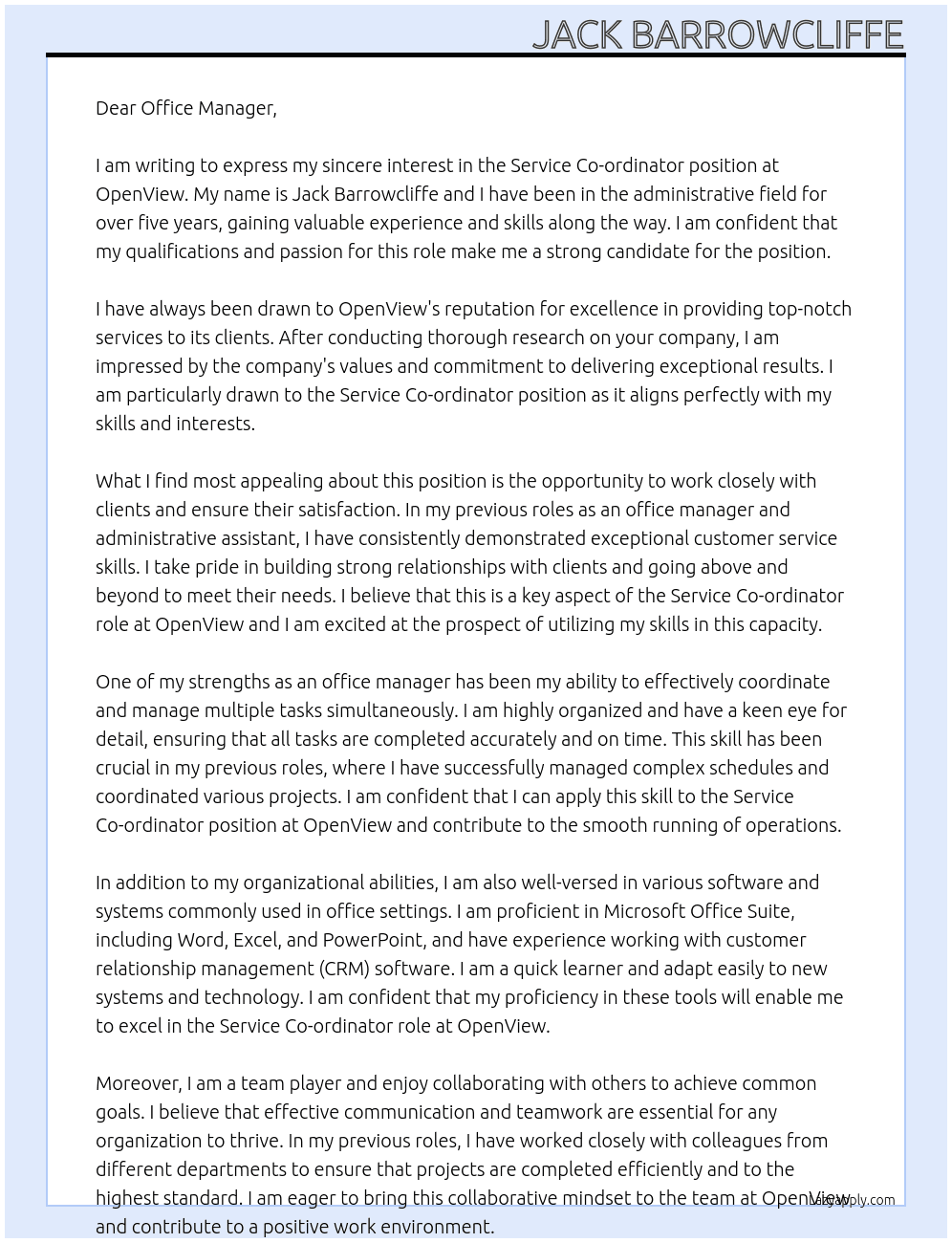 Service Co-ordinator At OpenView Cover Letter