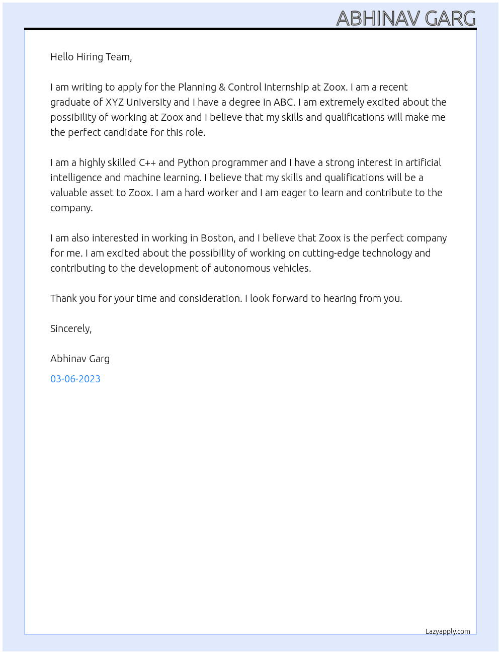 Planning & Control Internship At Zoox Cover Letter