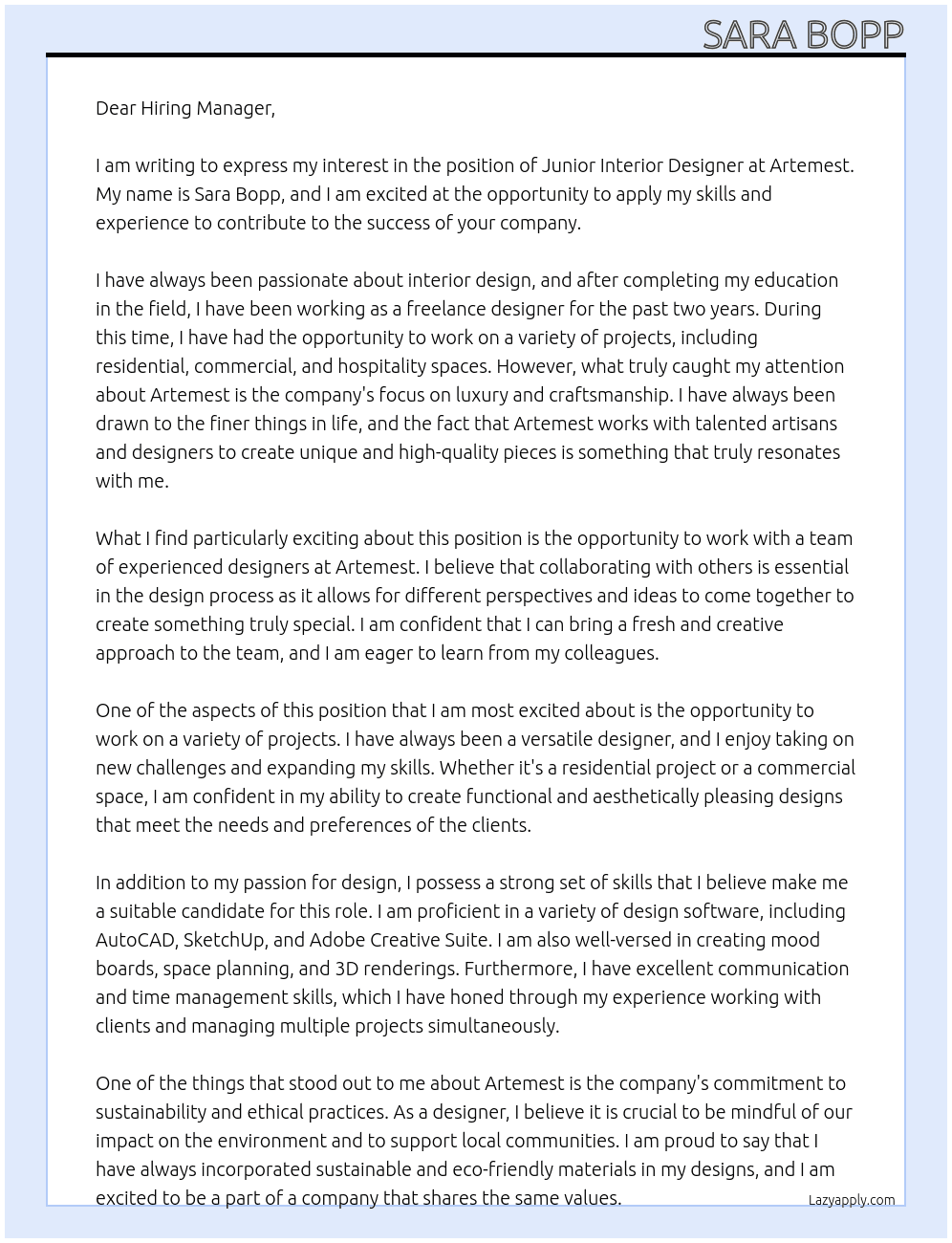 junior interior designer At artemest Cover Letter