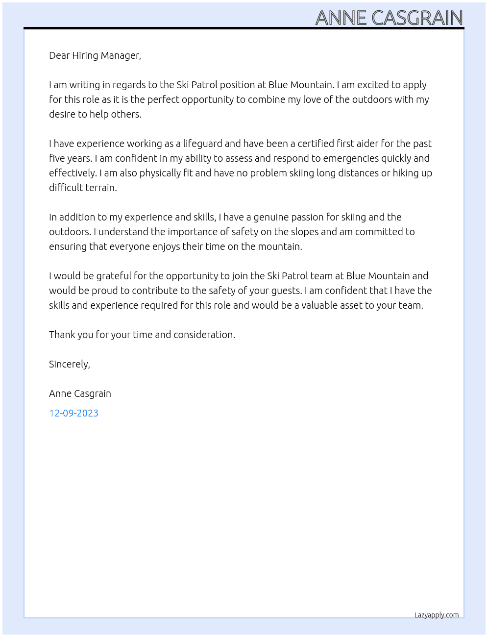 Ski Patrol  At Blue Mountain  Cover Letter