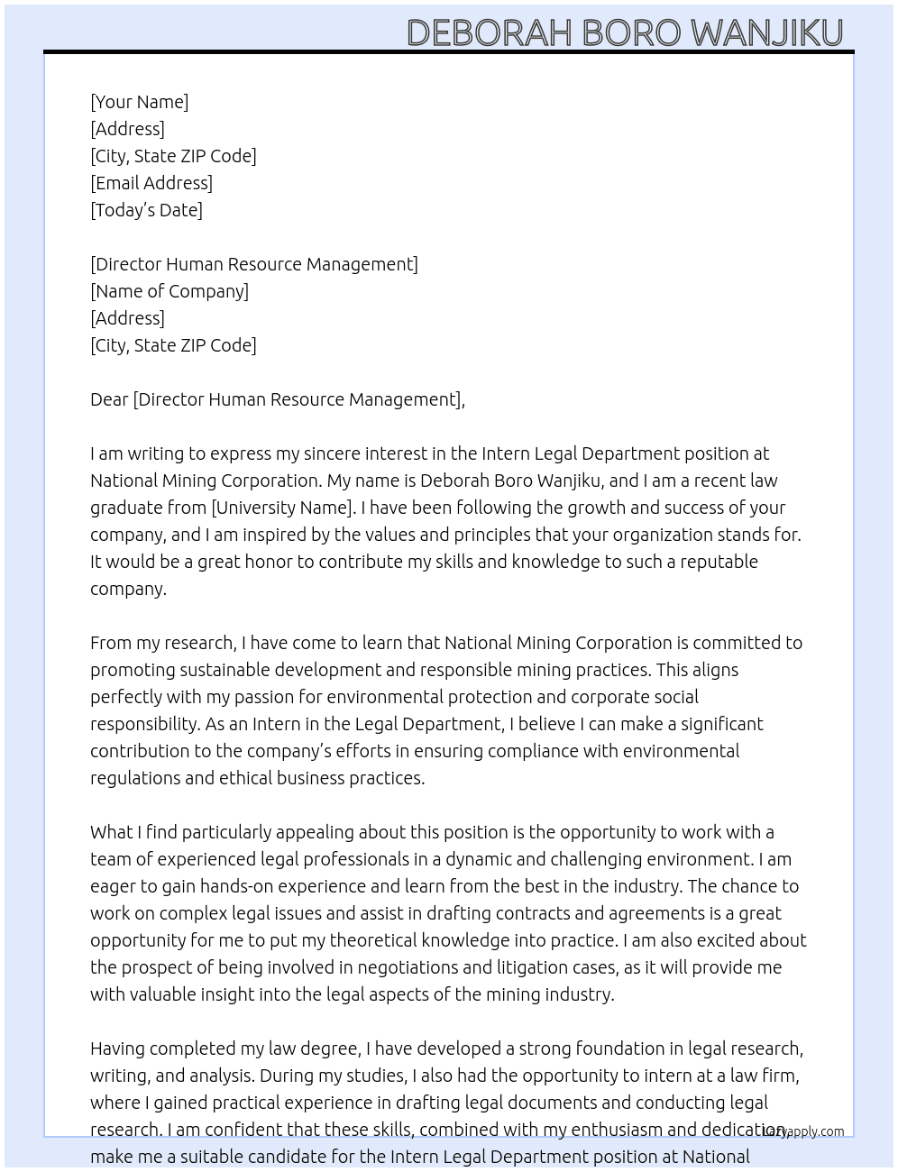 Intern Legal Department  At National Mining Corporation  Cover Letter
