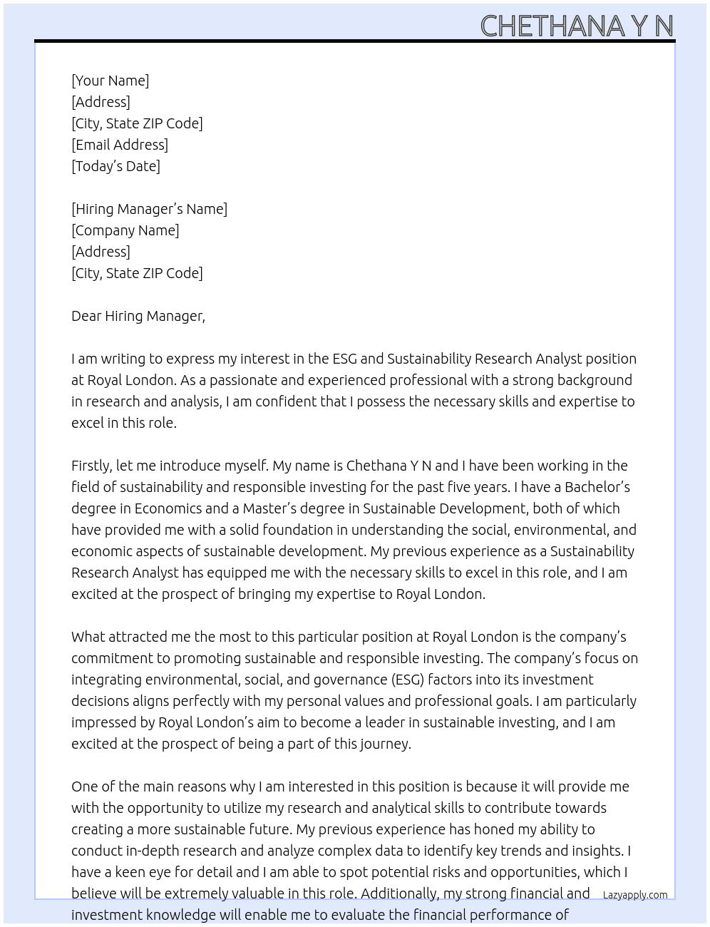 ESG and Sustainability Research Analyst At Royal London Cover Letter