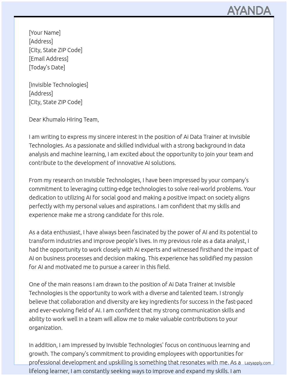 Ai data trainer At Khumalo Cover Letter