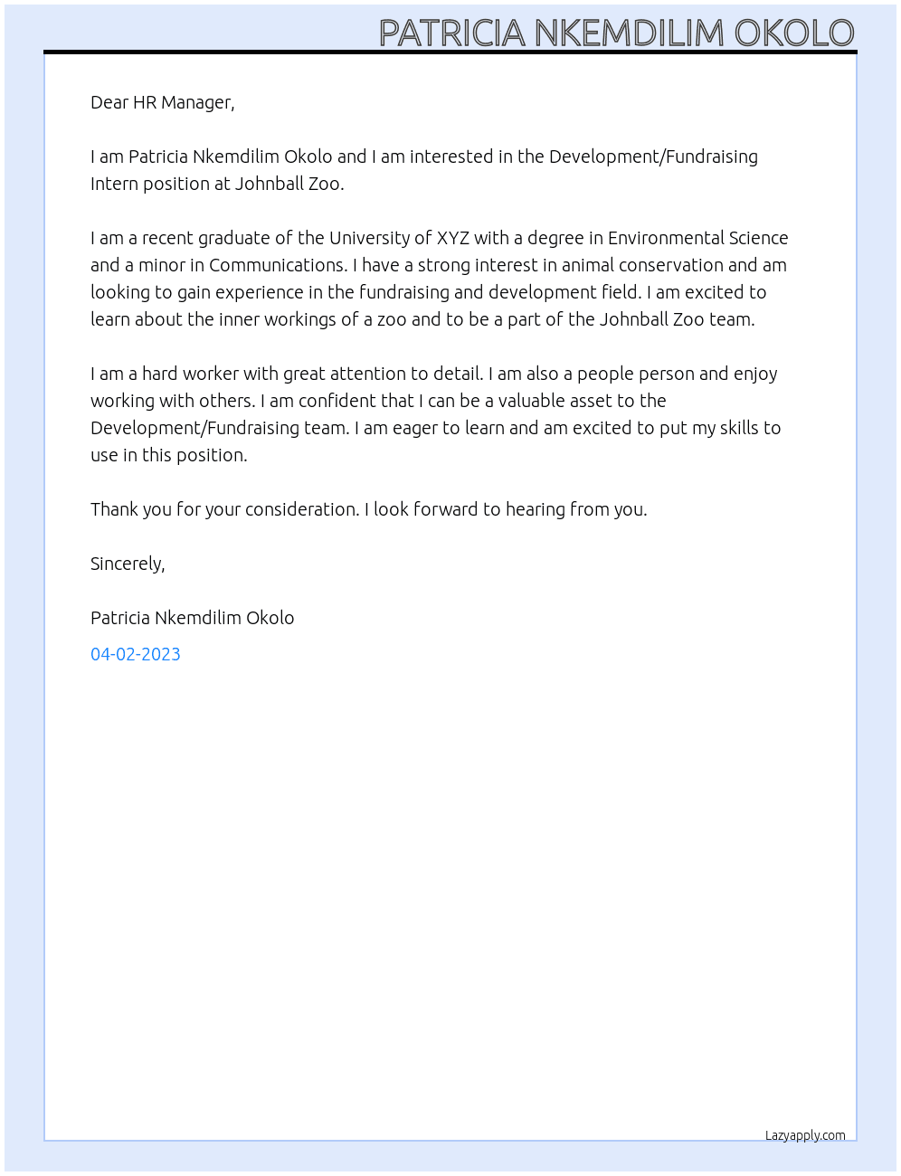 Development/ Fundraising Intern At Johnball Zoo Cover Letter