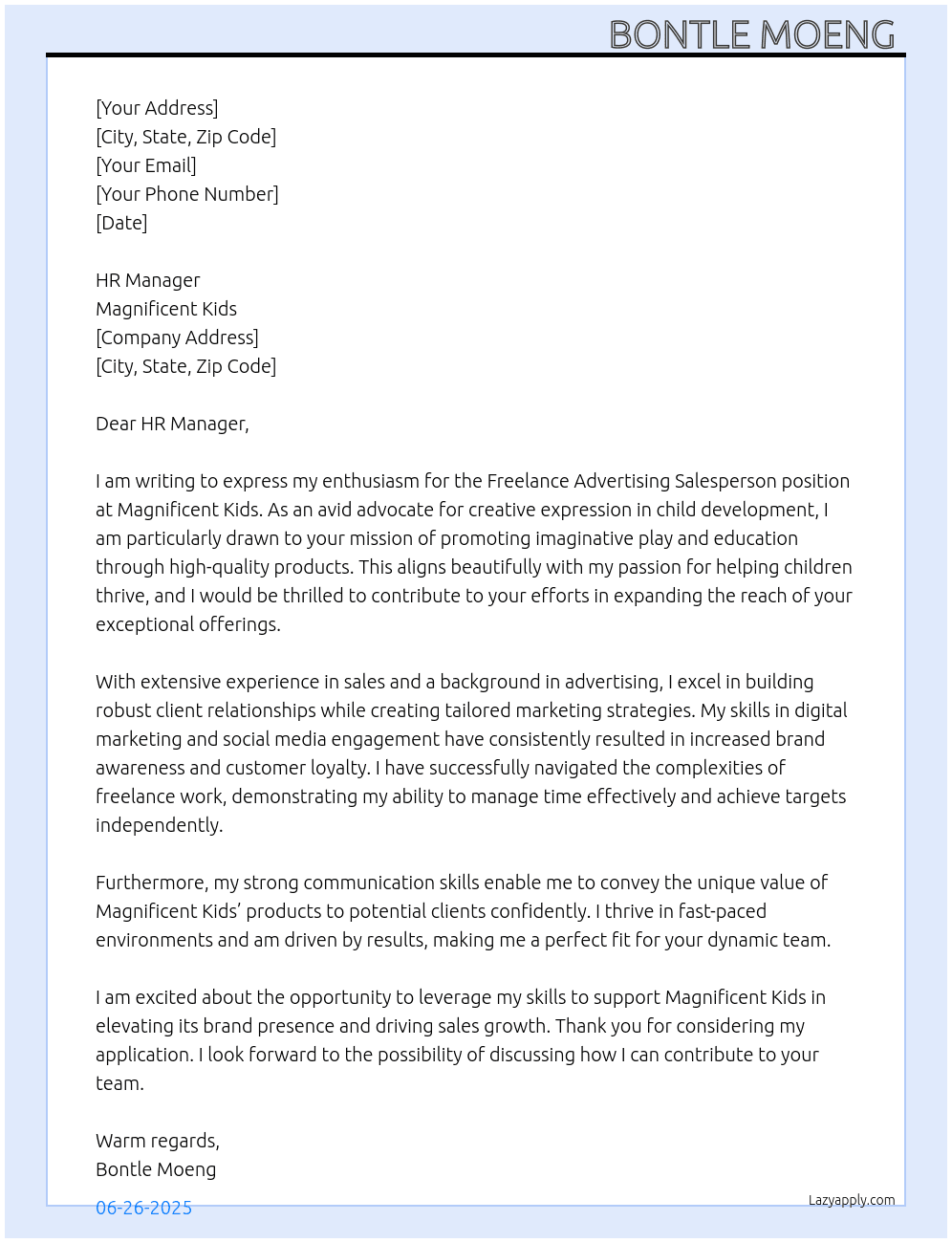 Freelance Advertising Salesperson At Magnificent Kids Cover Letter
