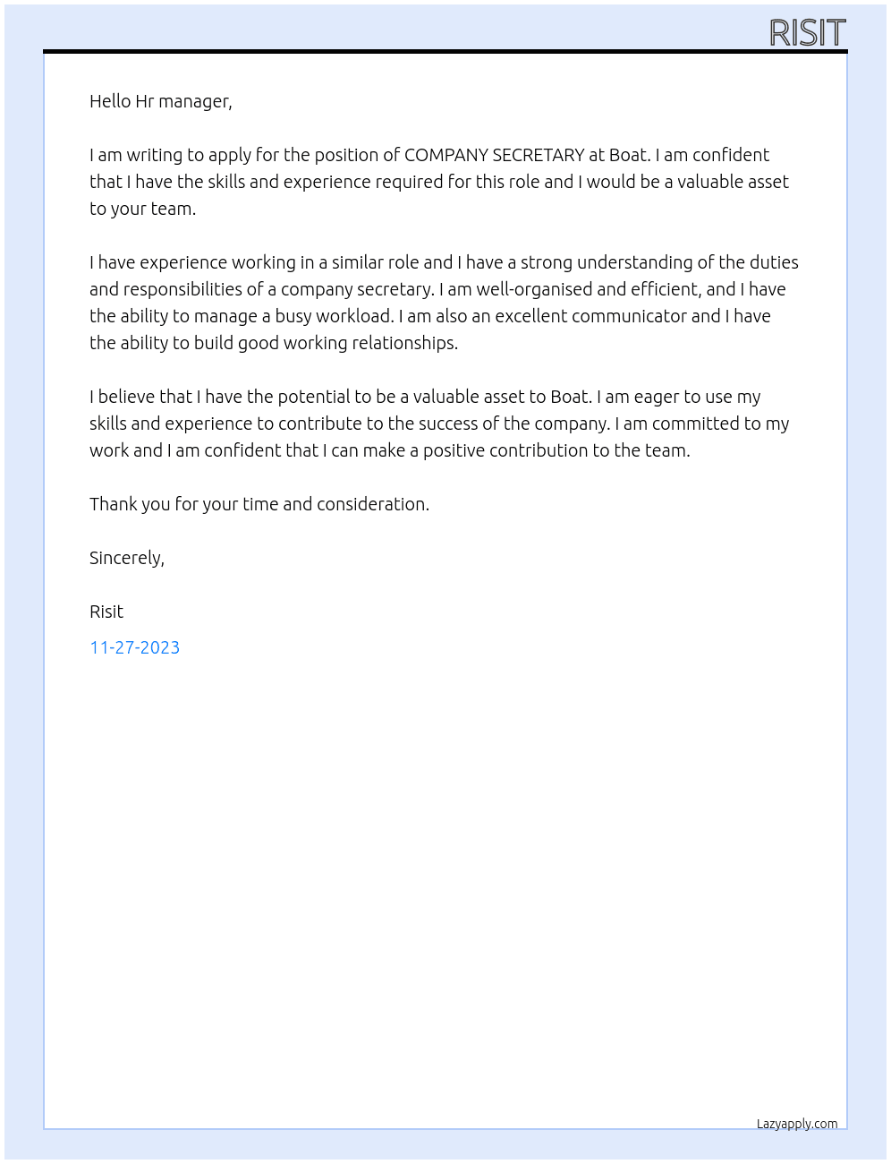 COMPANY SECRETARY  At Boat Cover Letter
