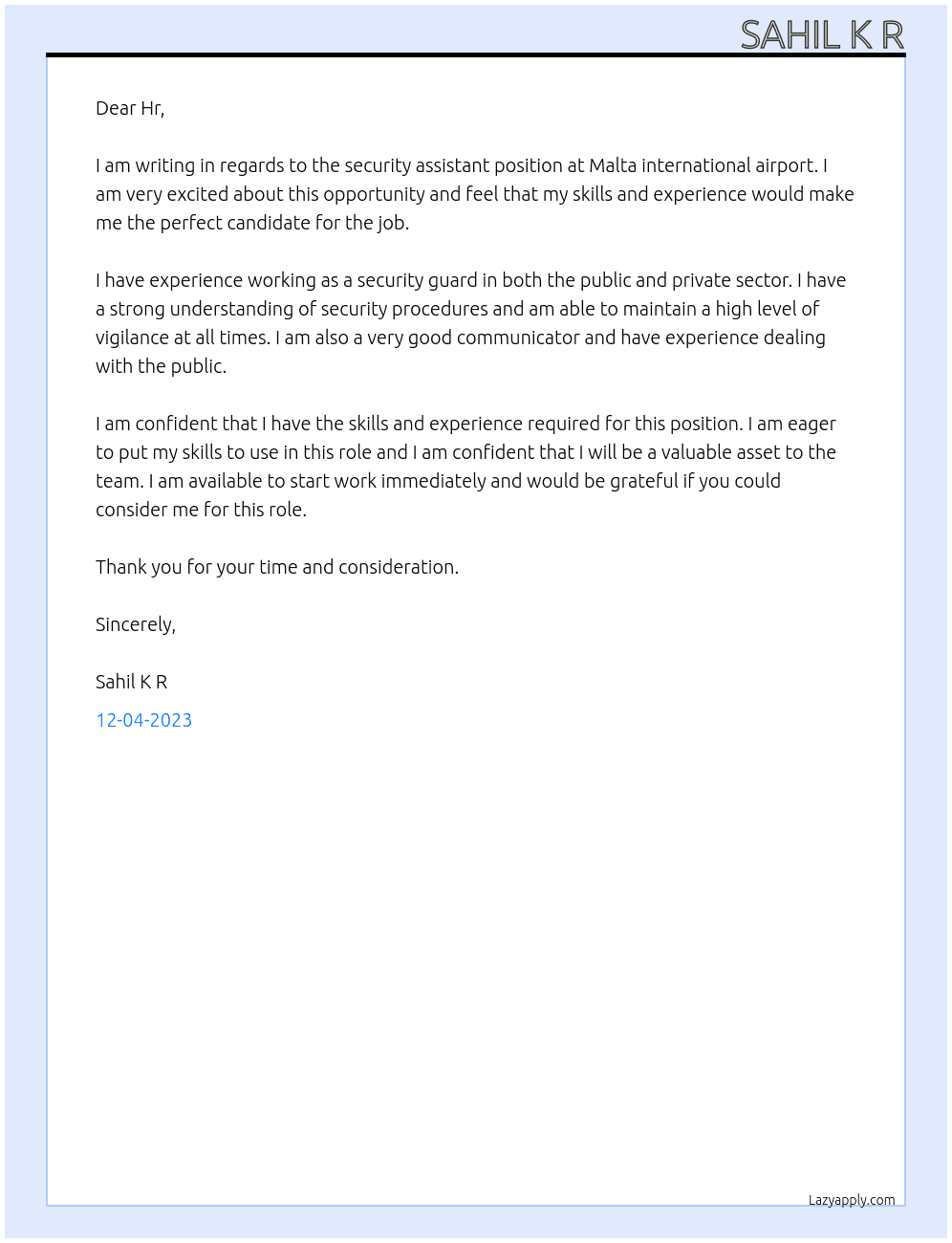 Security assistant  At Malta international airport Cover Letter