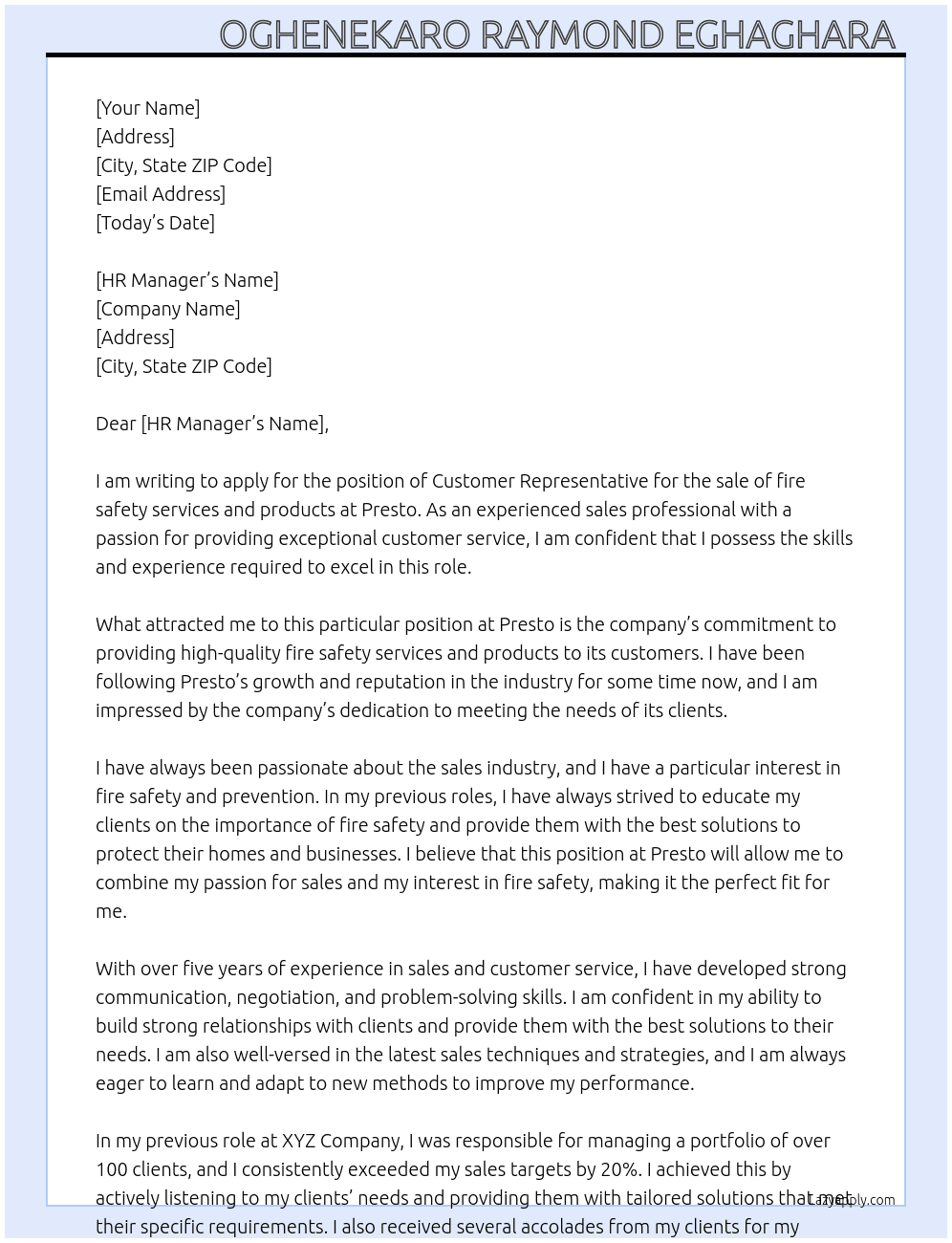 Customer Rep for sale of fire safety services and products   At Presto Cover Letter