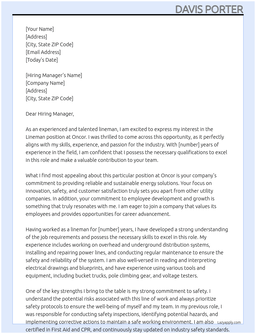 Lineman At Oncor Cover Letter
