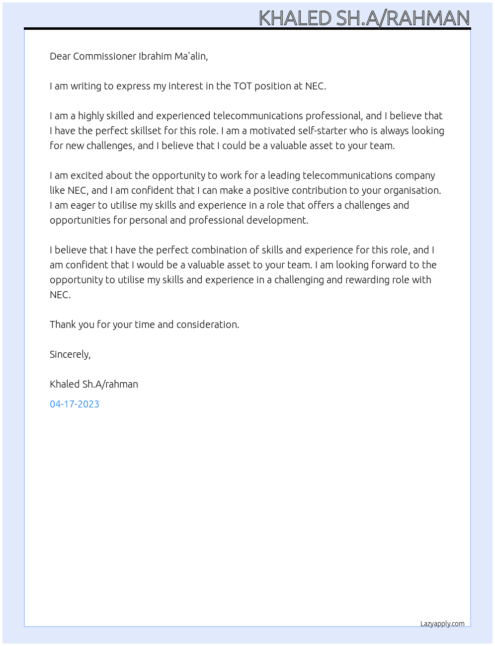 TOT At NEC Cover Letter