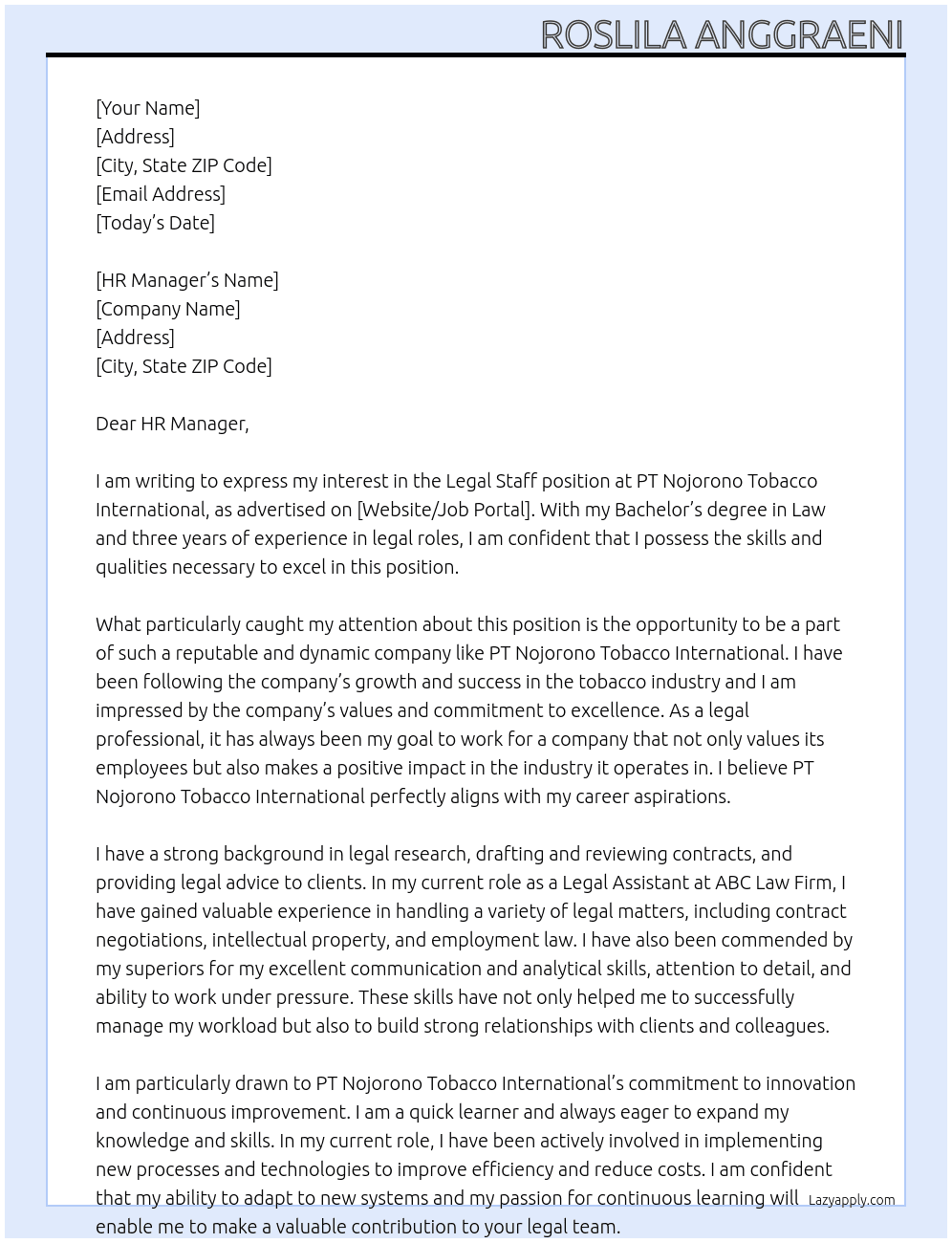 Legal Staff At PT Nojorono Tobacco International Cover Letter