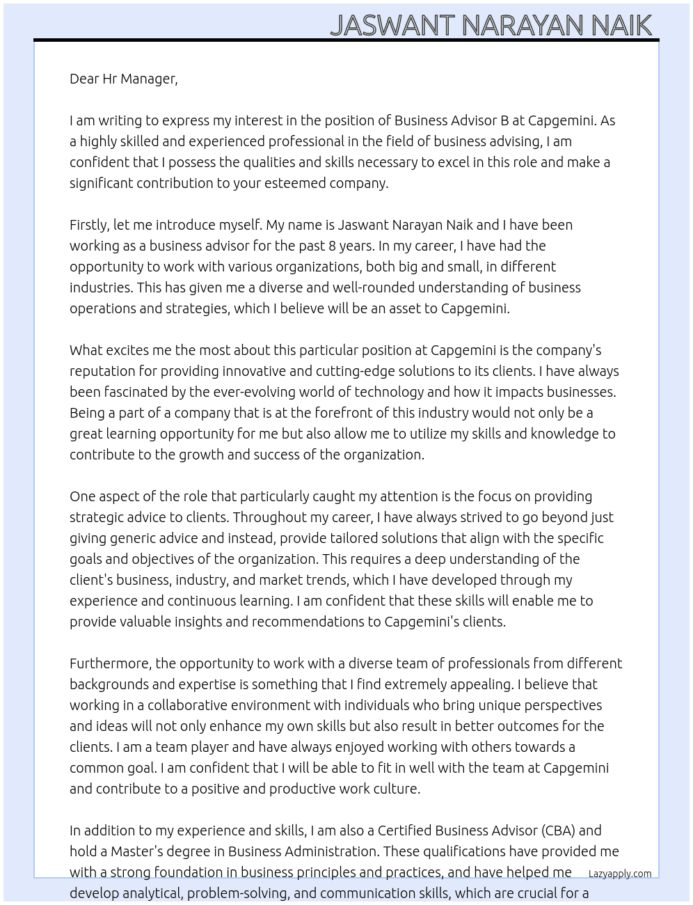 Cover letter for business advisor b - LazyApply