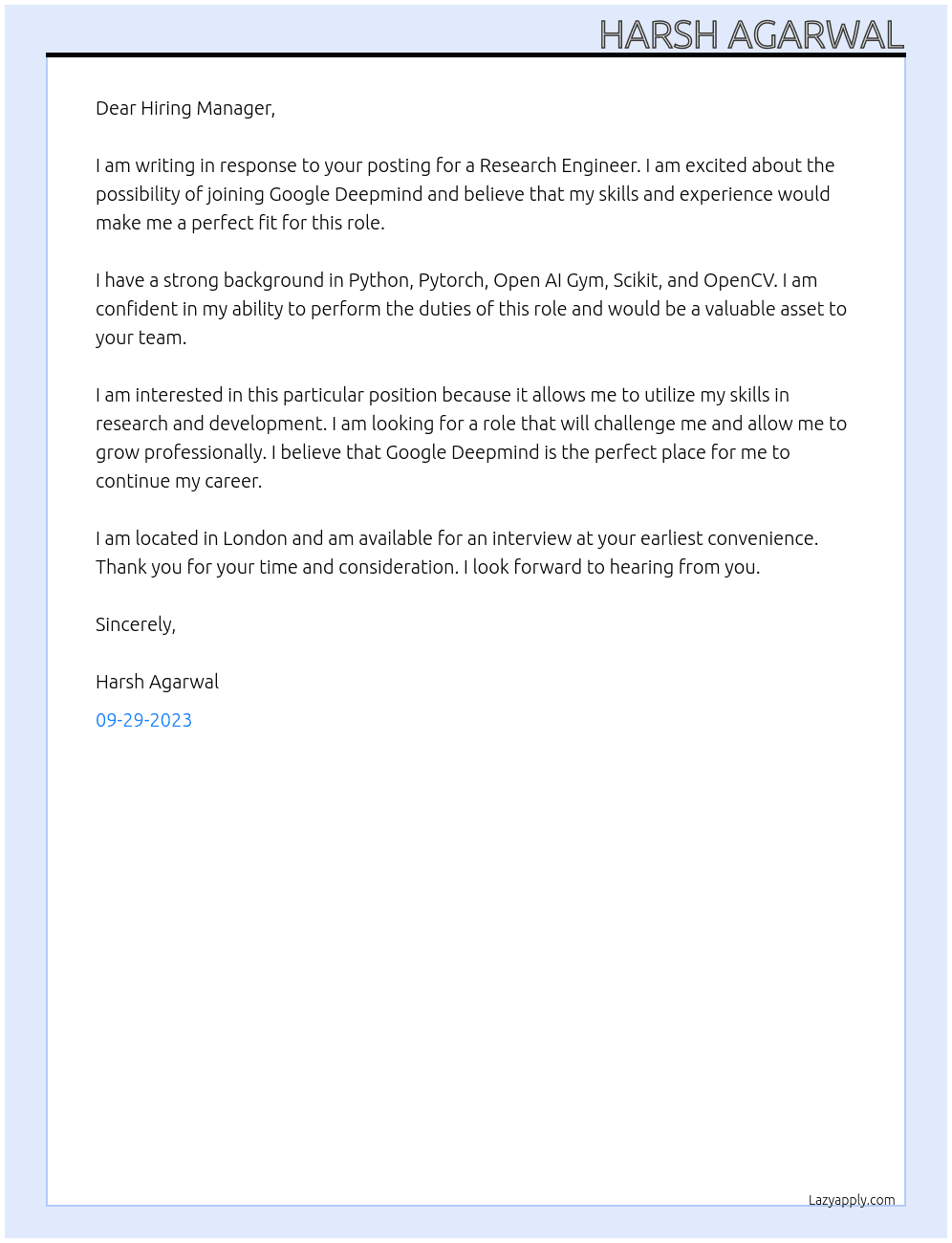 Research Engineer At Google Deepmind Cover Letter