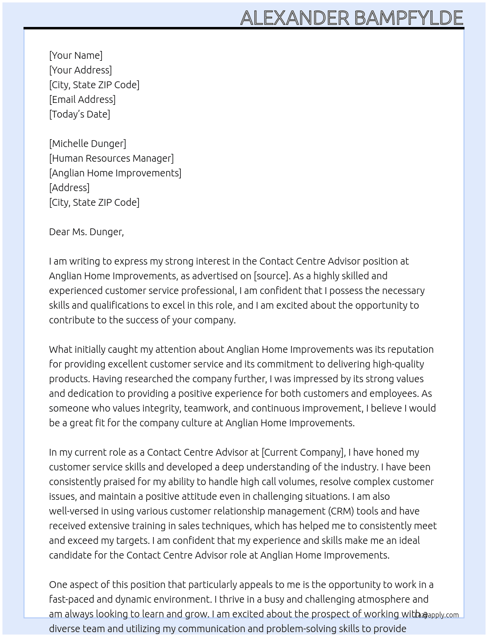 Contact Centre Advisor At Anglian Home Improvements Cover Letter