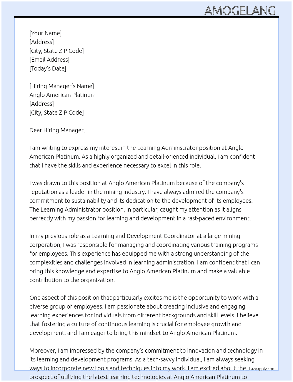 Learning Administrator  At Anglo American Platinum  Cover Letter