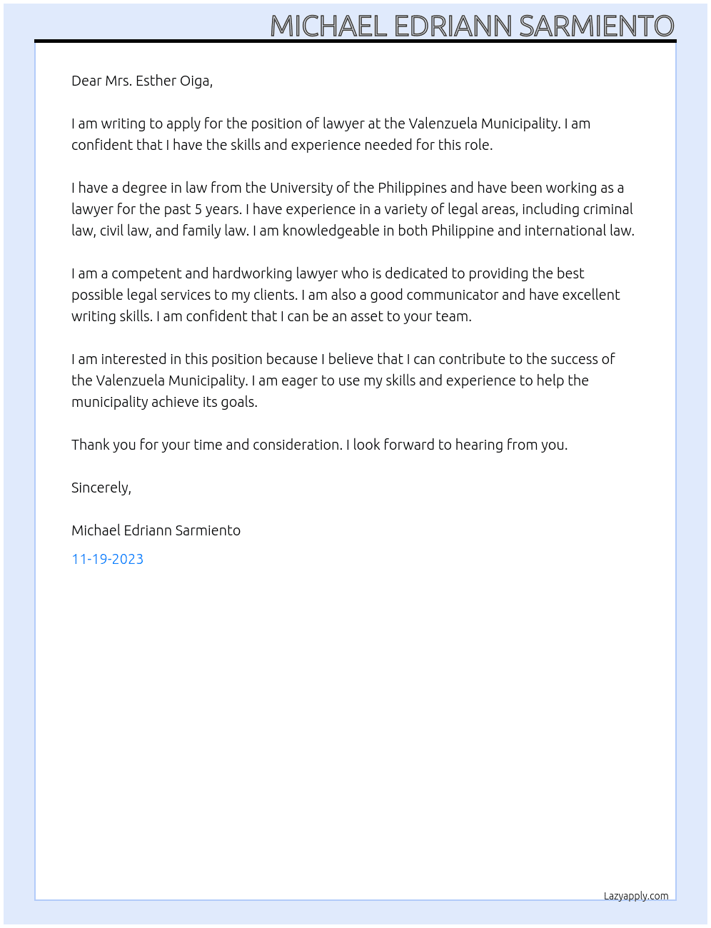 Lawyer  At Valenzuela Municipality  Cover Letter