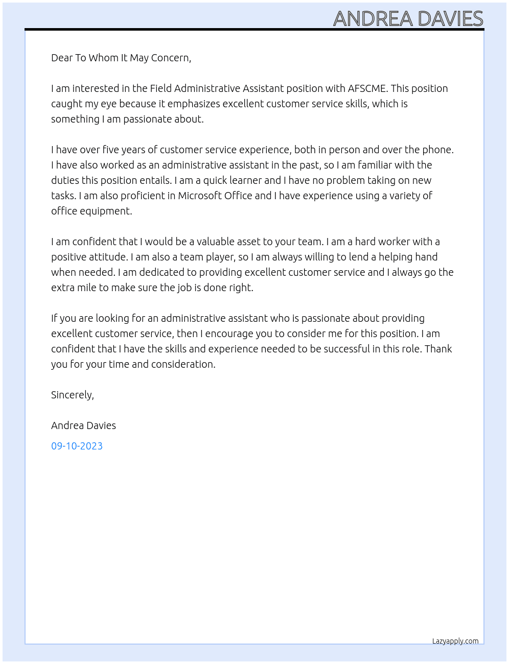 Field Administrative Assistant At AFSCME Cover Letter