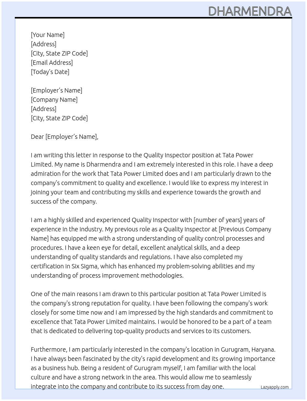 Quality inspector At Tata power limited Cover Letter