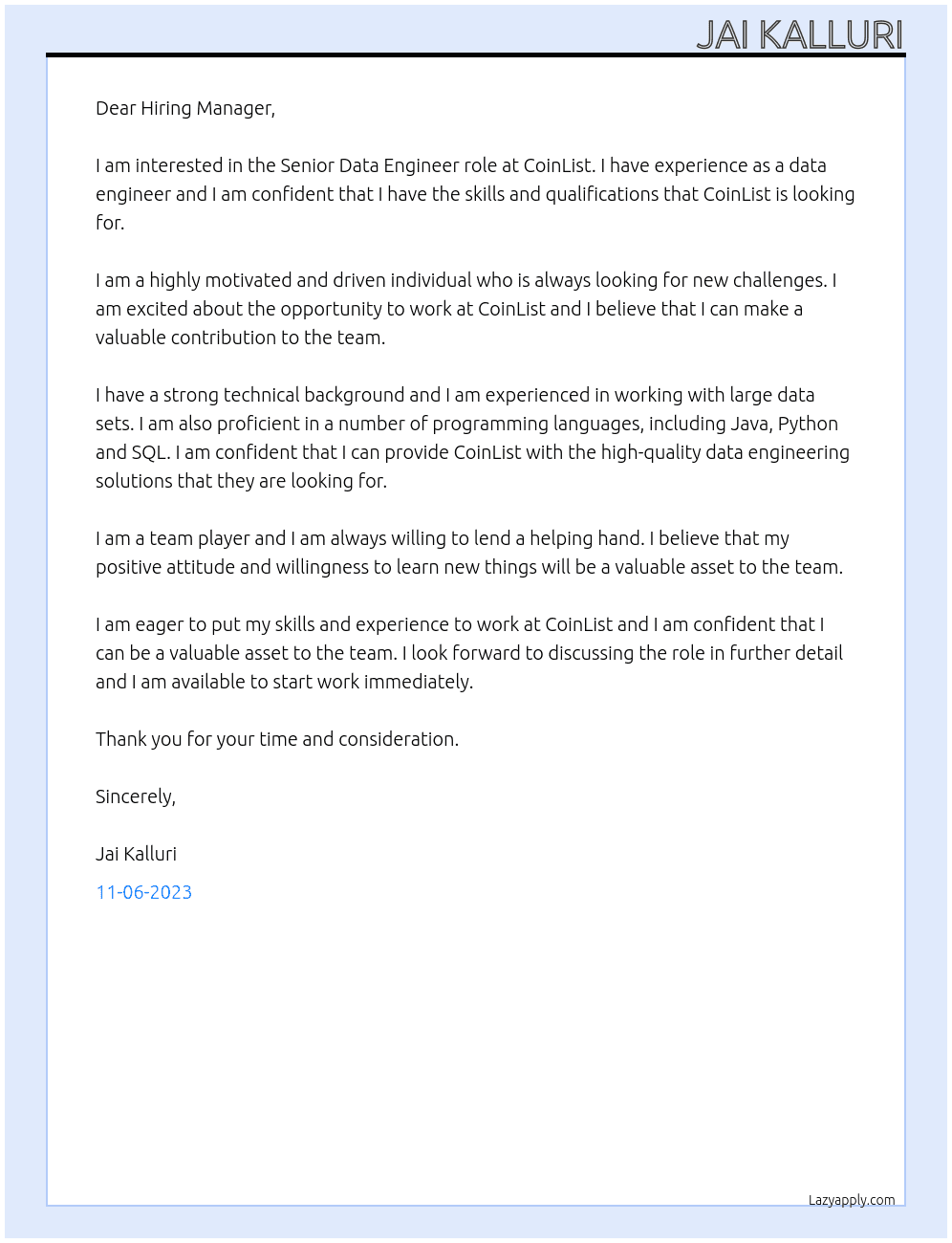 Senior Data Engineer At CoinList Cover Letter