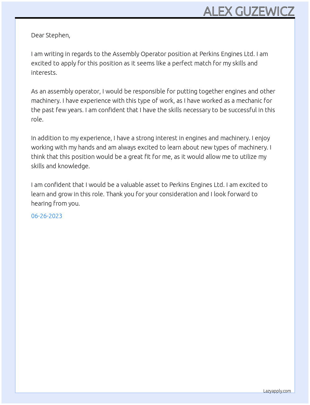 Assembly Operator At Perkins Engines Ltd Cover Letter