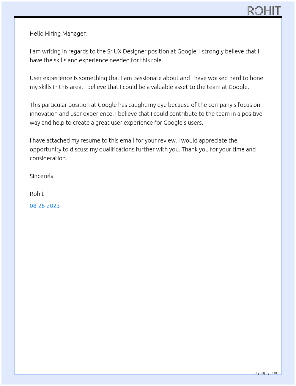 Cover letter for sr ux designer - LazyApply
