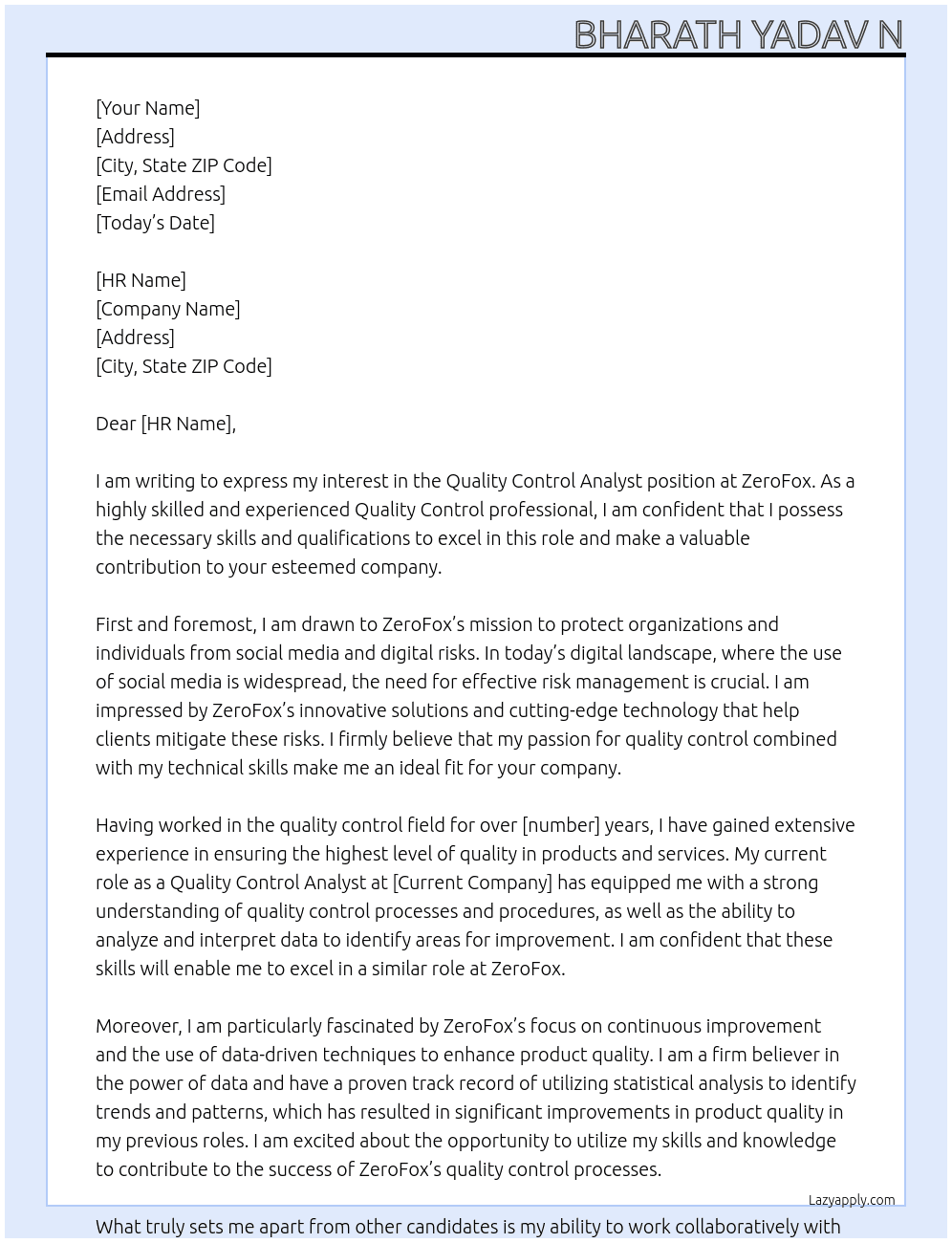 Quality Control Analyst At ZeroFox Cover Letter