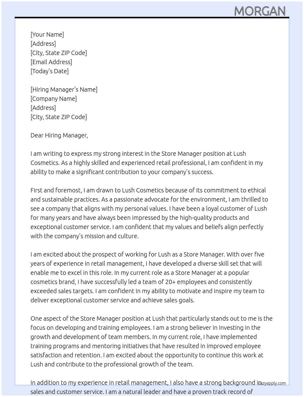 Store Manager At Lush Cosmetics Cover Letter