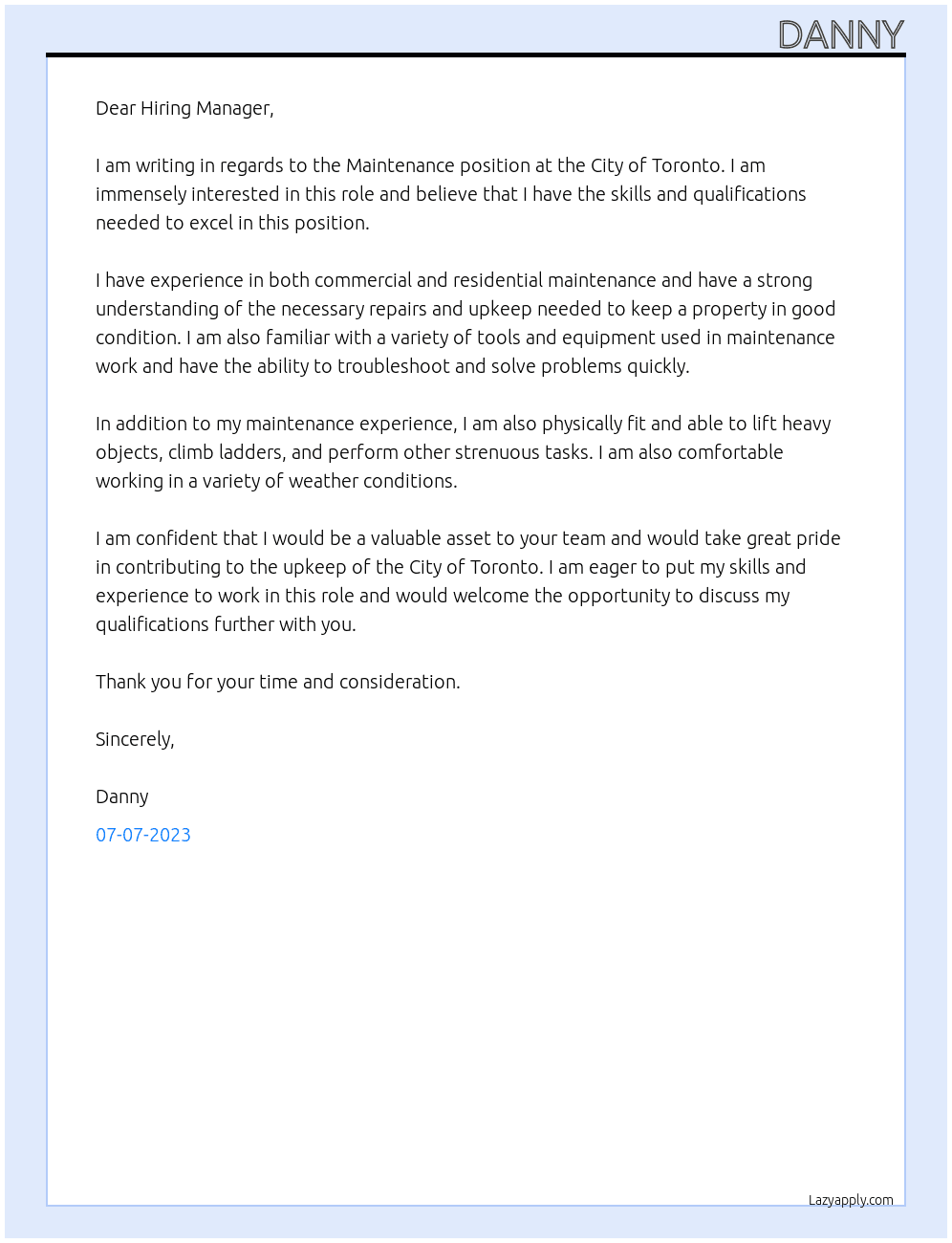 Maintenance  At City of toronto Cover Letter