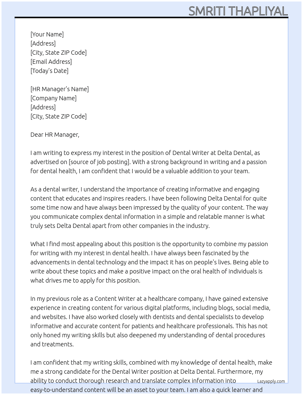 dental writer At delta dental Cover Letter